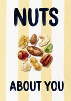 Nuts About You – Limoncello art print: a shell-on peanut in warm browns over limoncello stripes, the affectionate pun lettered by hand.