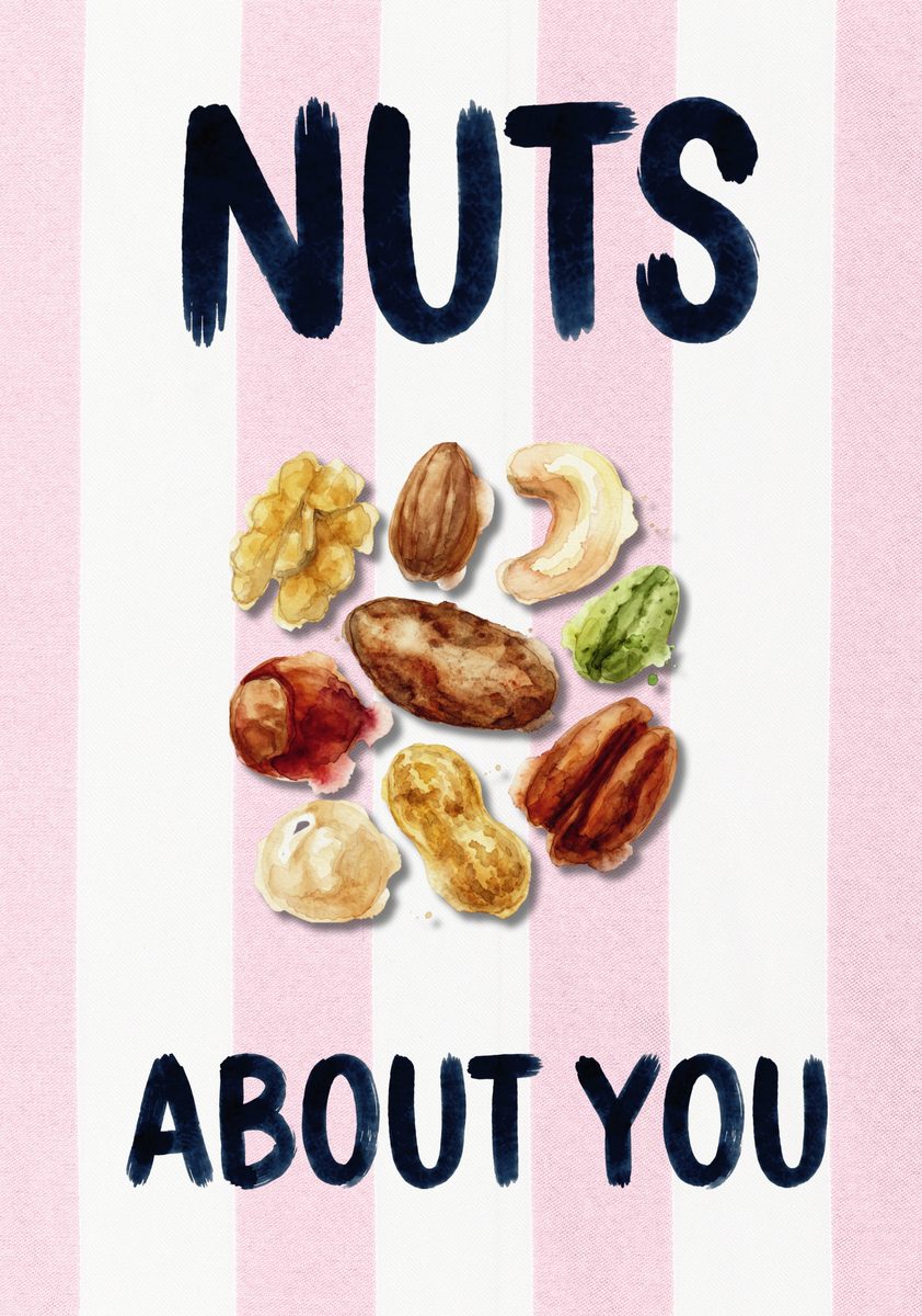 Nuts About You – Positano Pink art print: a solitary peanut in its shell, lovingly painted, floating on positano pink stripes beneath hand-drawn lettering.