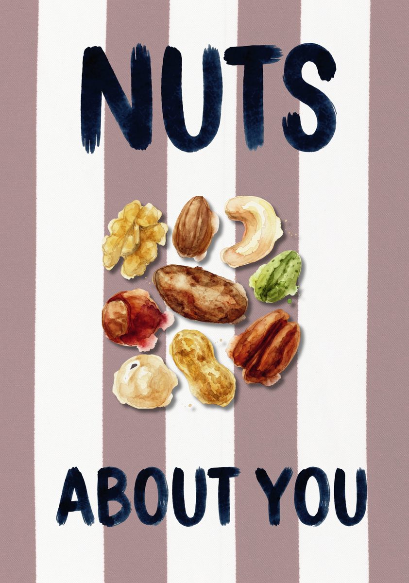 Nuts About You – Tuscan Taupe art print: a lone peanut in muted browns against tuscan taupe stripes, finished with loose hand lettering.