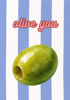 Olive You – Capri Violet art print: one painted green olive on capri violet stripes, the wordplay set in a loose script.