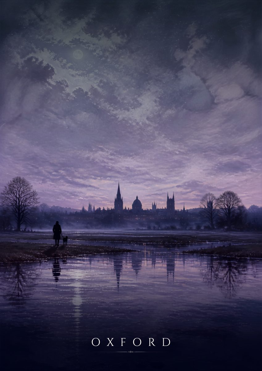 Oxford at Dusk — Oxford art print: spires cut against an evening sky with the last of the light still warm on the stone.
