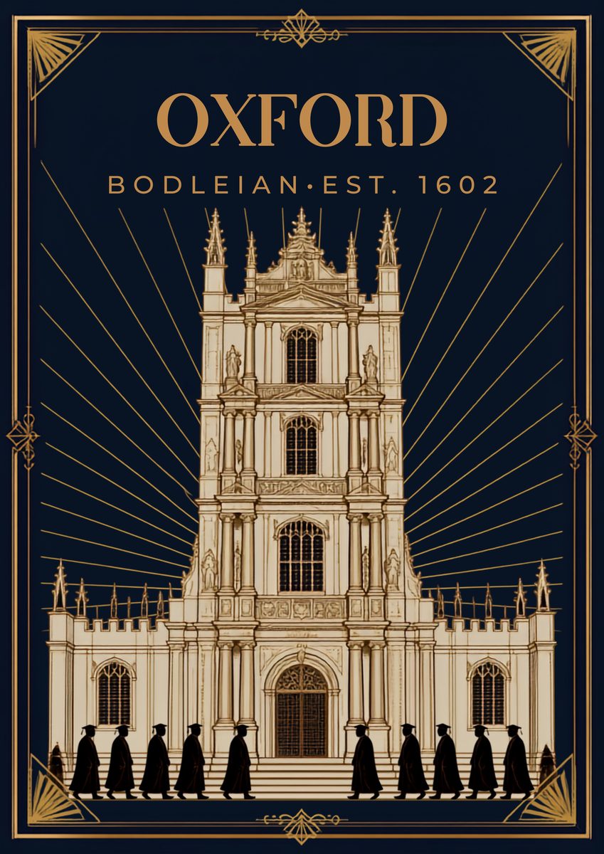 Bodleian — Oxford art print: the great library drawn shelf upon shelf, a room built entirely of books.