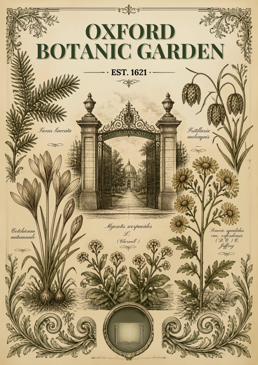Botanic Garden — Oxford art print: the glasshouse and planting of Britain's oldest botanic garden, drawn in full colour.