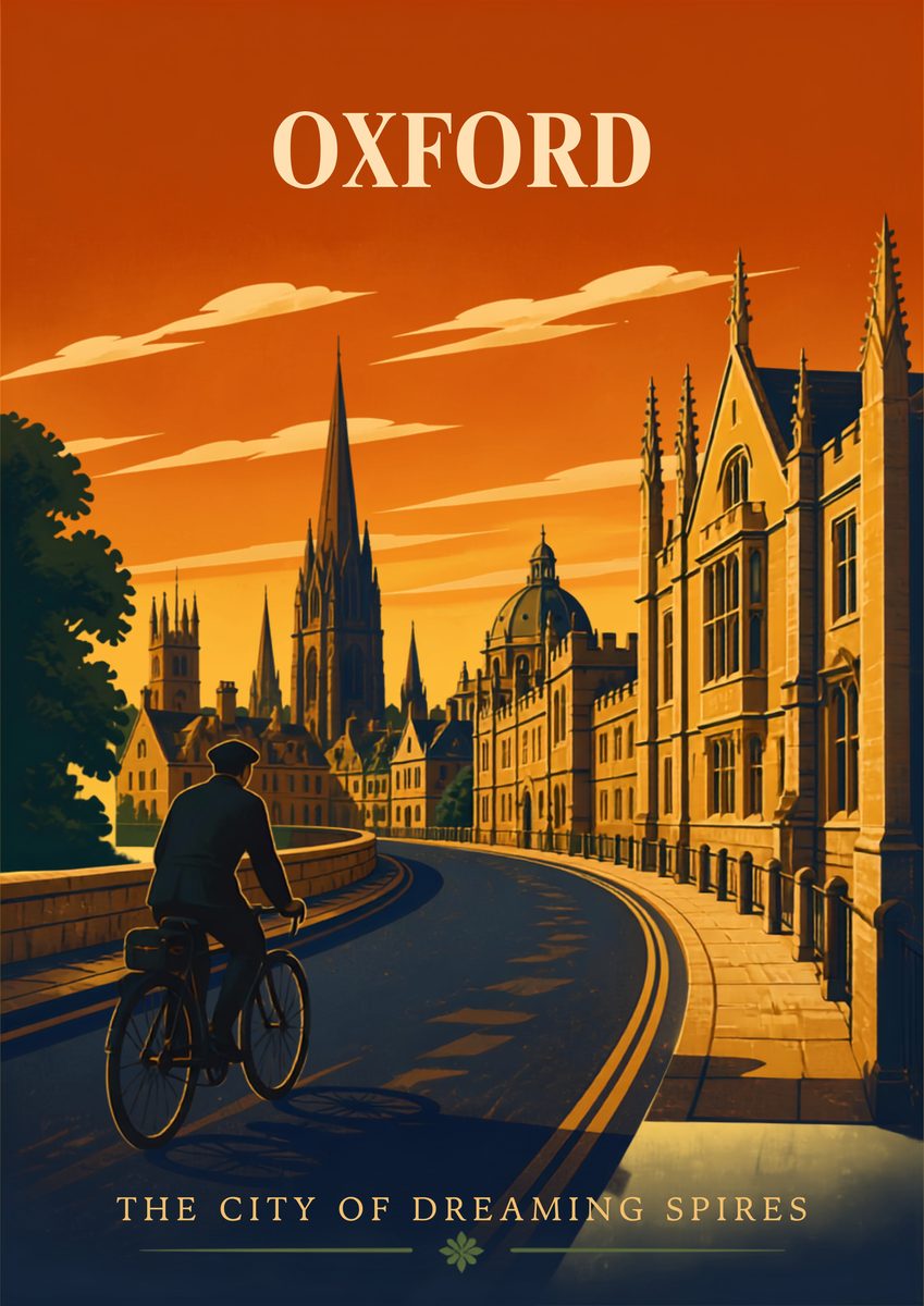 Dreaming Spires — Oxford art print: the rooftops and spires that gave the city its name, seen from high above.
