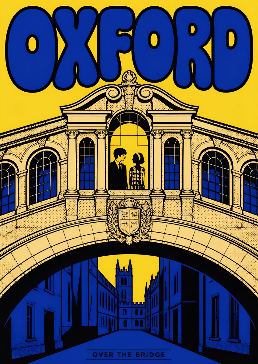 Over the Bridge — Oxford art print: the Bridge of Sighs spanning New College Lane as the lane bends away beneath it.