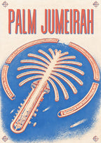 Palm Jumeirah Blueprint — Dubai art print: the palm-shaped island rendered as a drafting plan, every frond measured and labelled.