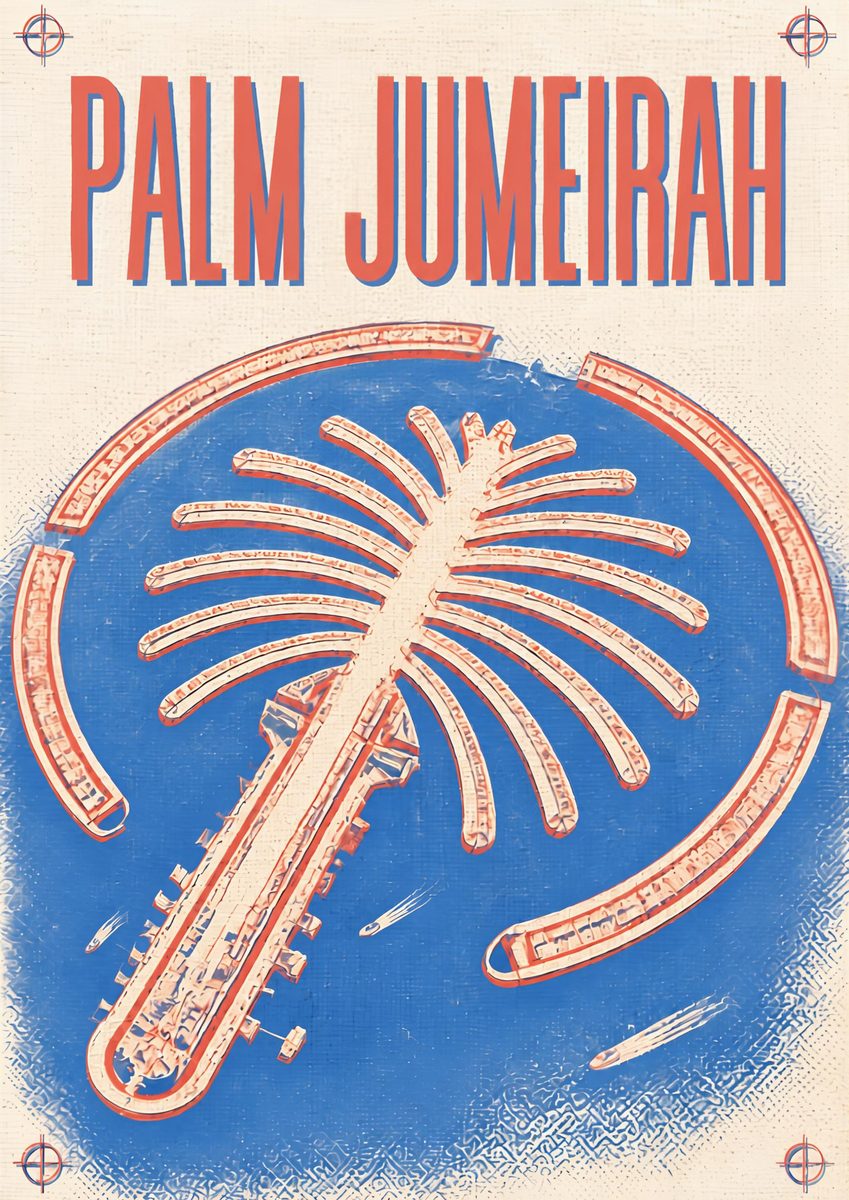 Palm Jumeirah Blueprint — Dubai art print: the palm-shaped island rendered as a drafting plan, every frond measured and labelled.