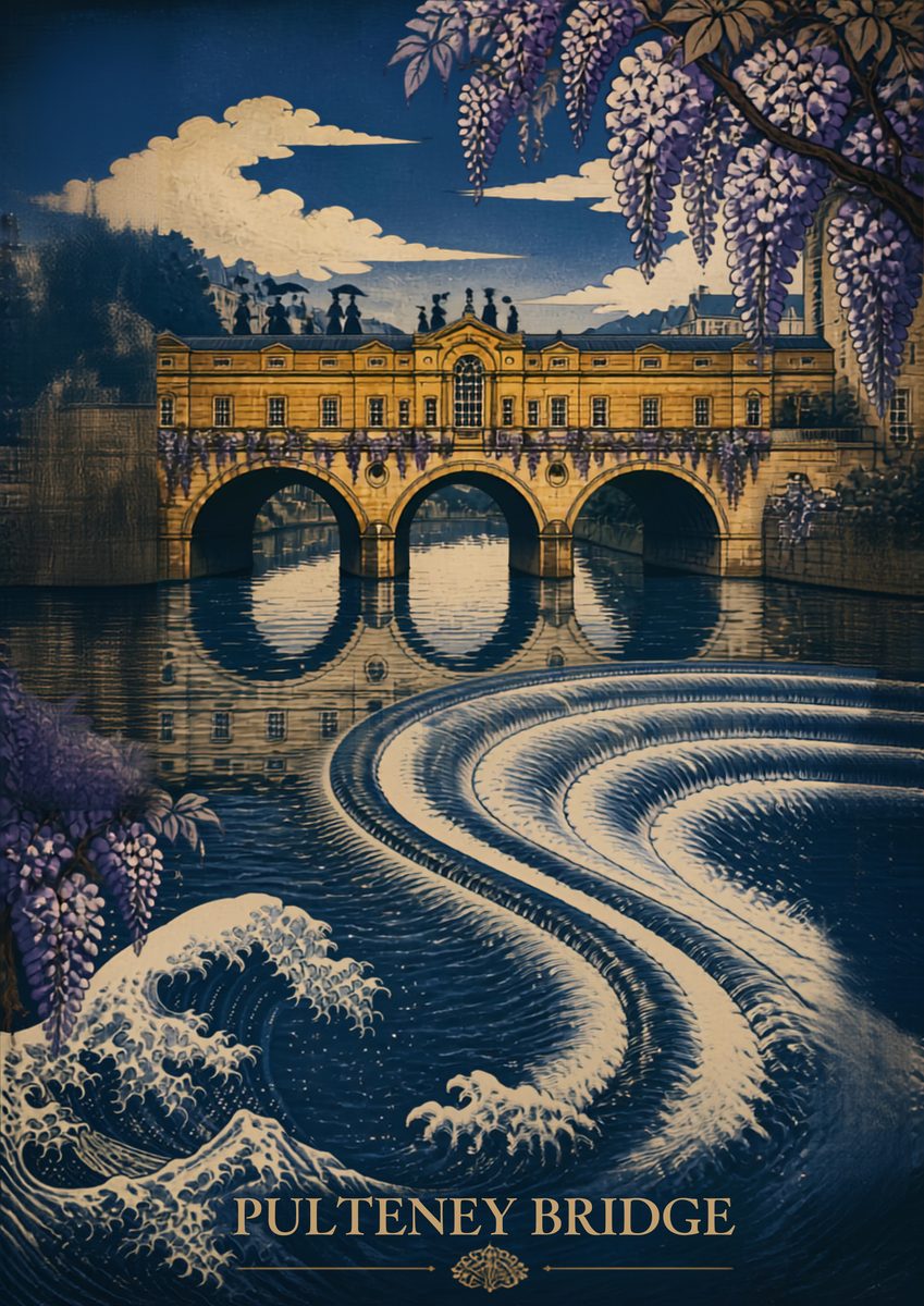 Pulteney Bridge — Bath art print: the weir curling below the bridge in Hokusai blues, with wisteria trailing across the frame.