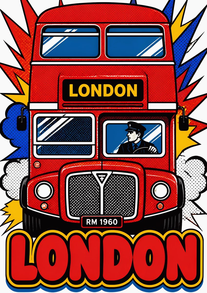 Routemaster — London art print: a red Routemaster bus bursting off the page in comic-book style, the driver caught mid-wave.