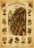 Spice Souk Botanicals — Dubai art print: saffron, cardamom and dried rose laid out as a botanical study of the souk.