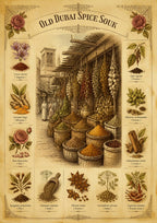 Spice Souk Botanicals — Dubai art print: saffron, cardamom and dried rose laid out as a botanical study of the souk.