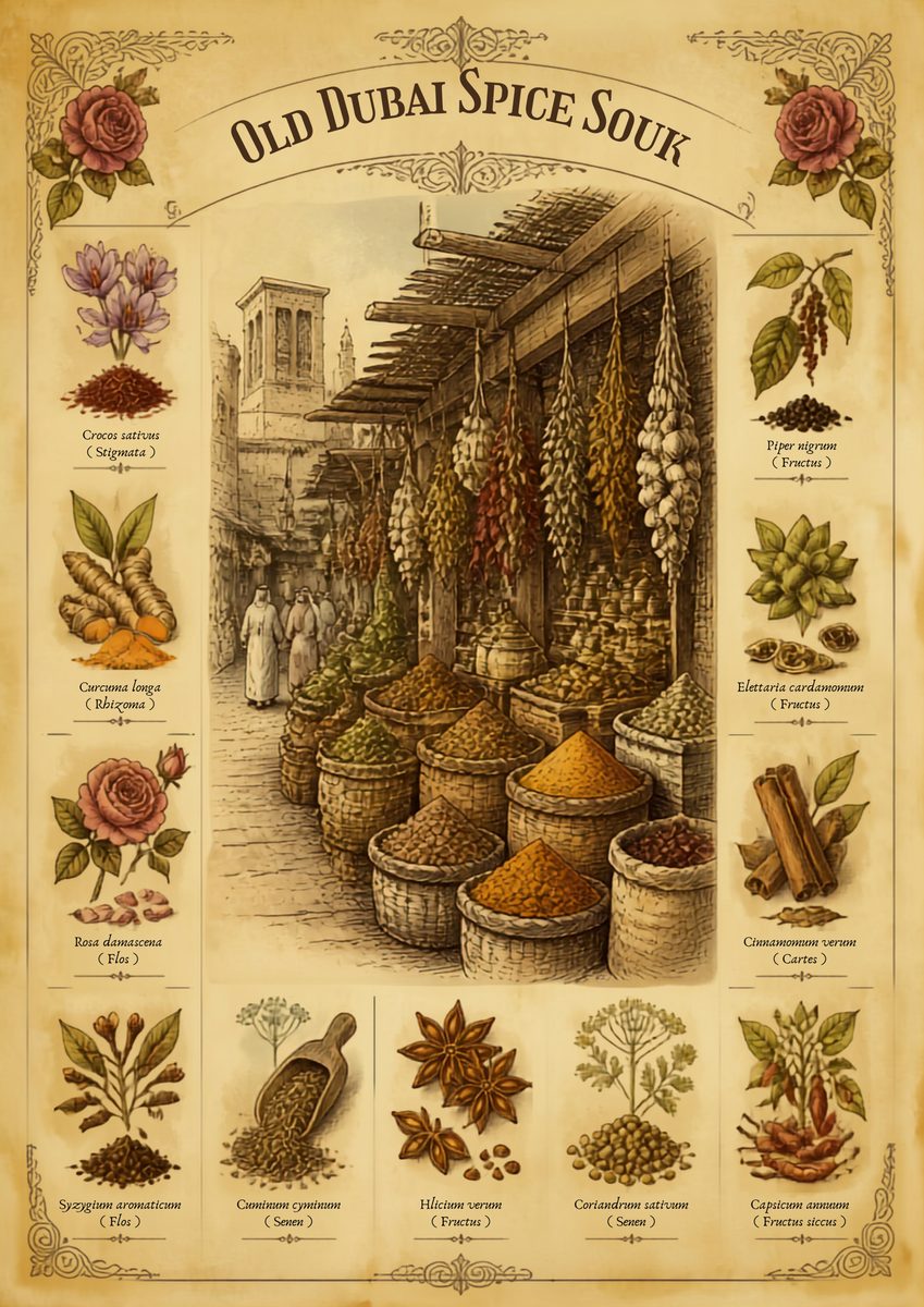 Spice Souk Botanicals — Dubai art print: saffron, cardamom and dried rose laid out as a botanical study of the souk.