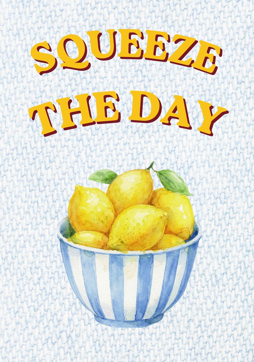 Squeeze The Day – Amalfi Aqua art print: one wide-awake lemon on a field of amalfi aqua stripes, the slogan hand-lettered in a loose brush script.