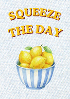 Squeeze The Day – Amalfi Aqua art print: one wide-awake lemon on a field of amalfi aqua stripes, the slogan hand-lettered in a loose brush script.