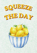 Squeeze The Day – Cabana Green art print: a plump painted lemon over cabana green stripes, paired with easy hand-drawn lettering.
