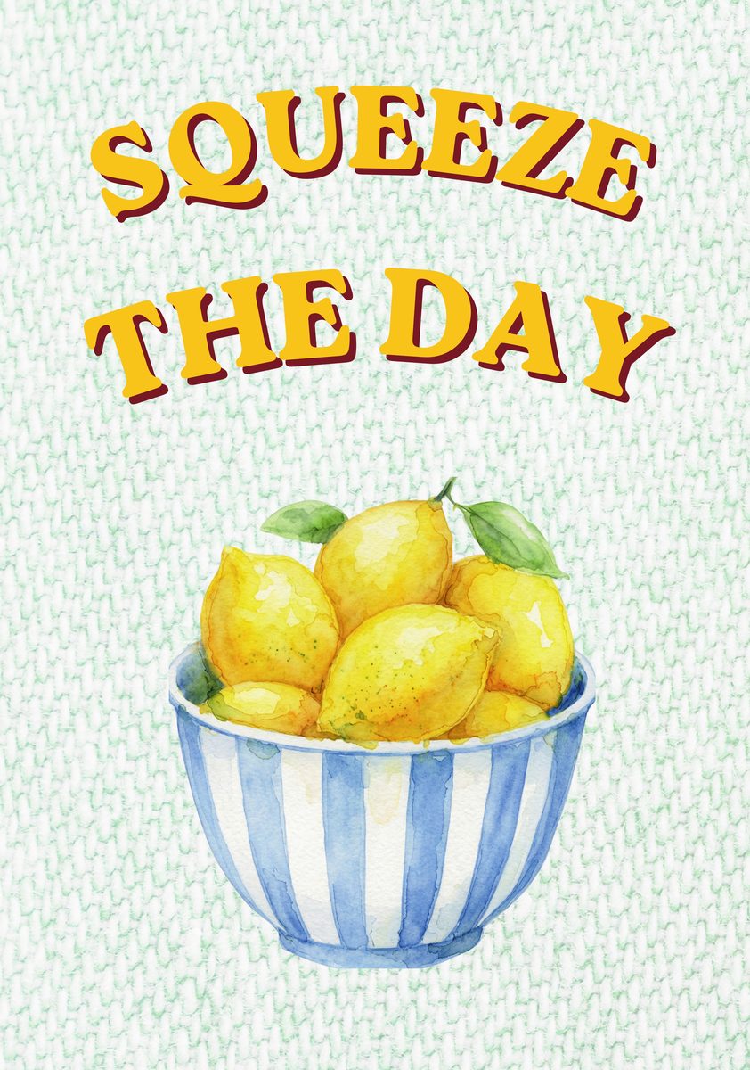 Squeeze The Day – Cabana Green art print: a plump painted lemon over cabana green stripes, paired with easy hand-drawn lettering.