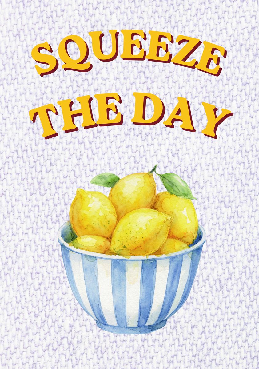 Squeeze The Day – Capri Violet art print: a lemon rendered in gouache-style brushwork over capri violet stripes, topped with hand-lettered words.