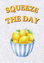 Squeeze The Day – Capri Violet art print: a lemon rendered in gouache-style brushwork over capri violet stripes, topped with hand-lettered words.