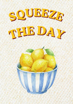 Squeeze The Day – Limoncello art print: a bright yellow lemon standing out against limoncello stripes, with the phrase lettered by hand underneath.
