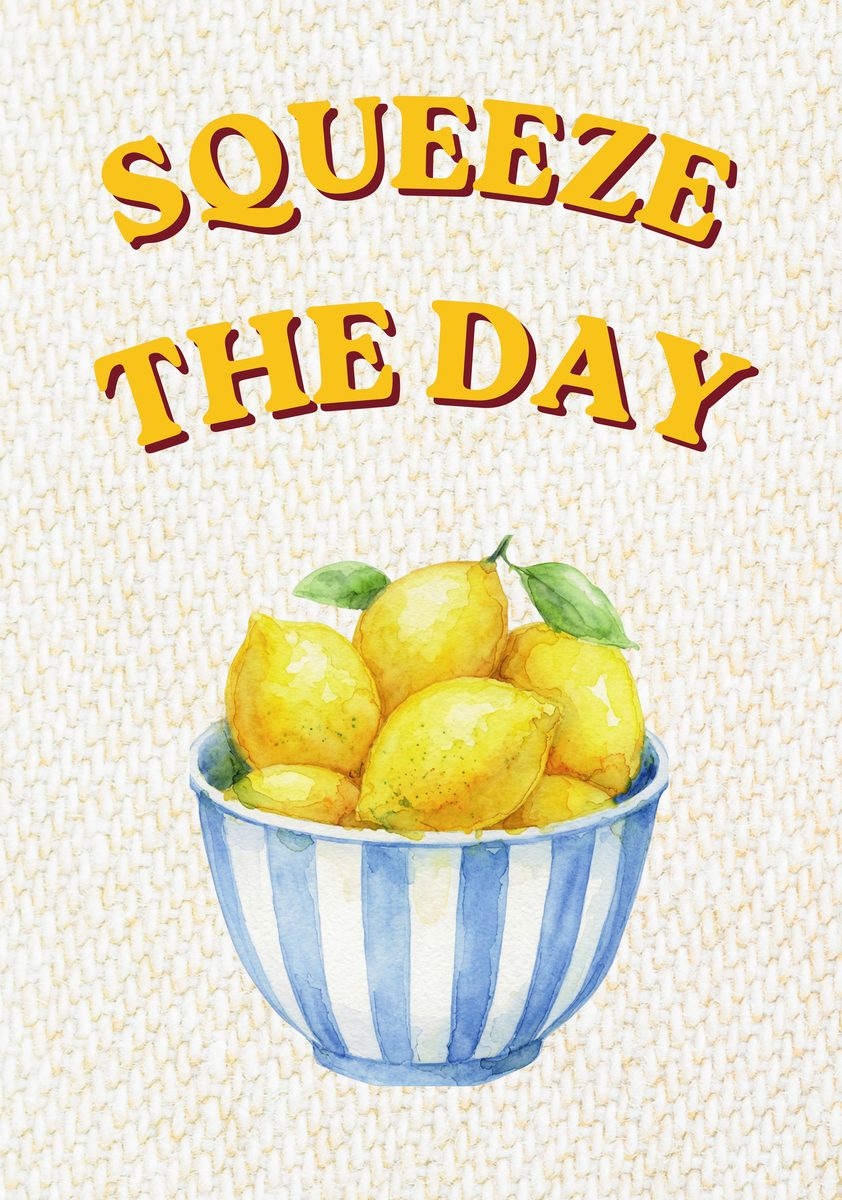 Squeeze The Day – Limoncello art print: a bright yellow lemon standing out against limoncello stripes, with the phrase lettered by hand underneath.