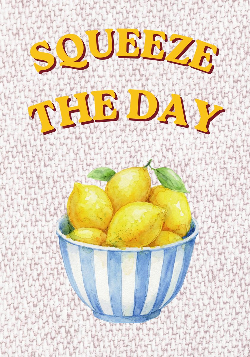 Squeeze The Day – Tuscan Taupe art print: a citrus-yellow lemon on warm tuscan taupe stripes, with the pun hand-lettered in a casual script.