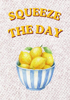 Squeeze The Day – Tuscan Taupe art print: a citrus-yellow lemon on warm tuscan taupe stripes, with the pun hand-lettered in a casual script.