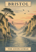 The Avon Gorge — Bristol art print: limestone cliffs above a still river, drawn with the patience of a woodblock print.