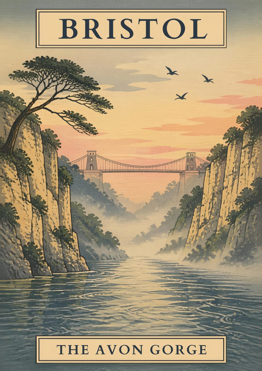The Avon Gorge — Bristol art print: limestone cliffs above a still river, drawn with the patience of a woodblock print.