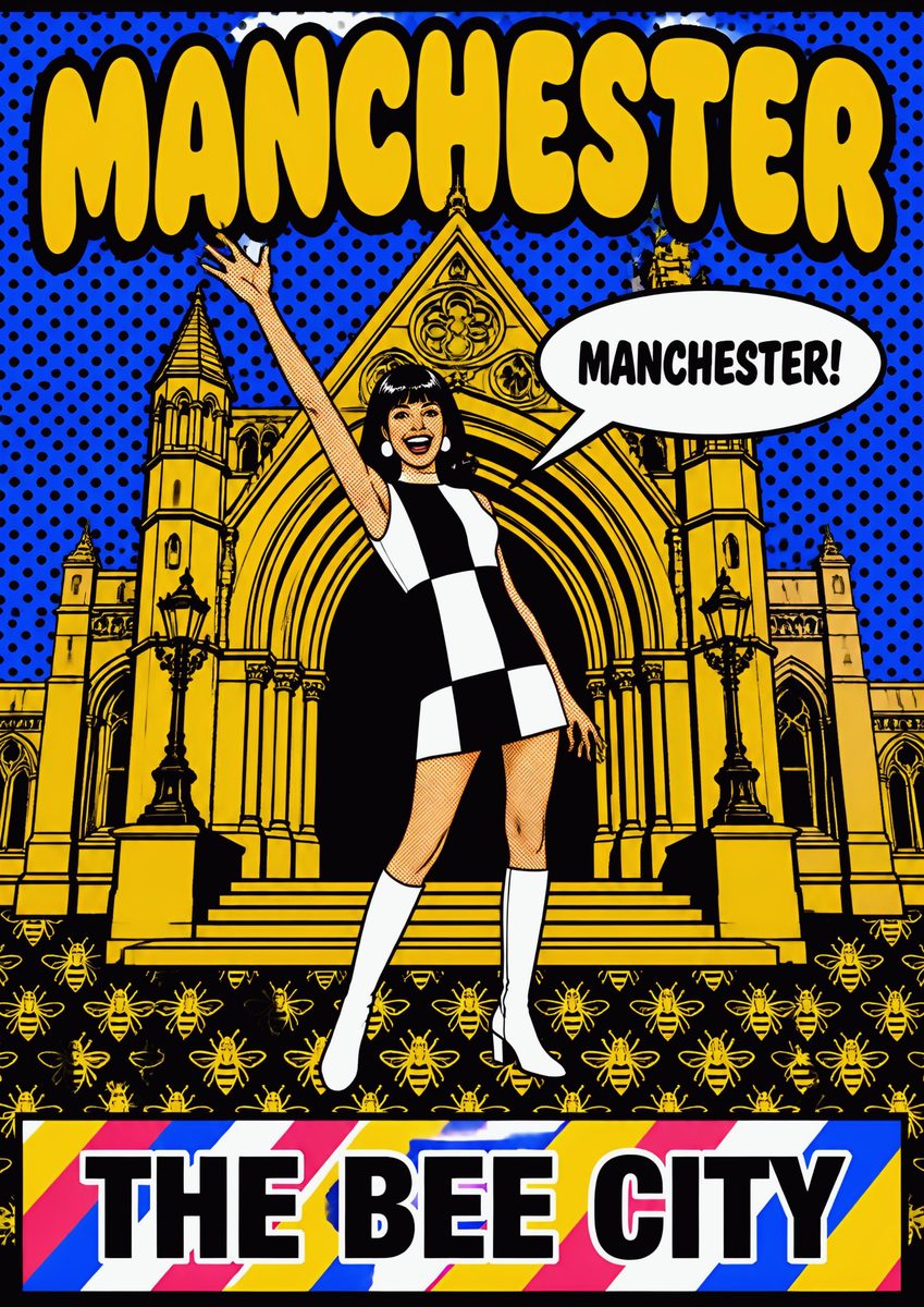 The Bee City — Manchester art print: pop-art yellow, a wave from the cathedral steps and worker bees scattered across the scene.