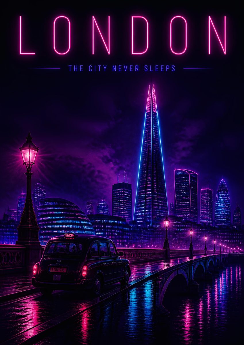The City Never Sleeps — London art print: the Shard lit like a signal flare above a black cab throwing colour across wet tarmac.