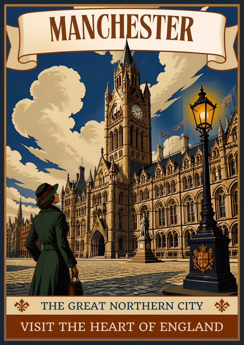 The Great Northern City — Manchester art print: the Gothic Town Hall in late afternoon light with gas lamps glowing below.