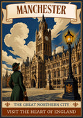 The Great Northern City — Manchester art print: the Gothic Town Hall in late afternoon light with gas lamps glowing below.