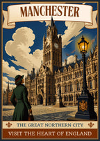 The Great Northern City — Manchester art print: the Gothic Town Hall in late afternoon light with gas lamps glowing below.