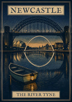 The River Tyne — Newcastle art print: seven bridges spanning one river with a rowing boat drawn up on the bank at dusk.