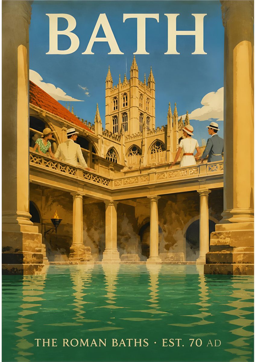 The Roman Baths — Bath art print: green thermal water and a warm stone colonnade with the abbey rising behind.