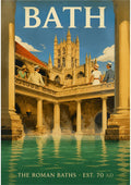 The Roman Baths — Bath art print: green thermal water and a warm stone colonnade with the abbey rising behind.