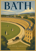 The Royal Crescent — Bath art print: thirty golden Georgian houses curving in one long sweep above a lawn with a carriage on it.