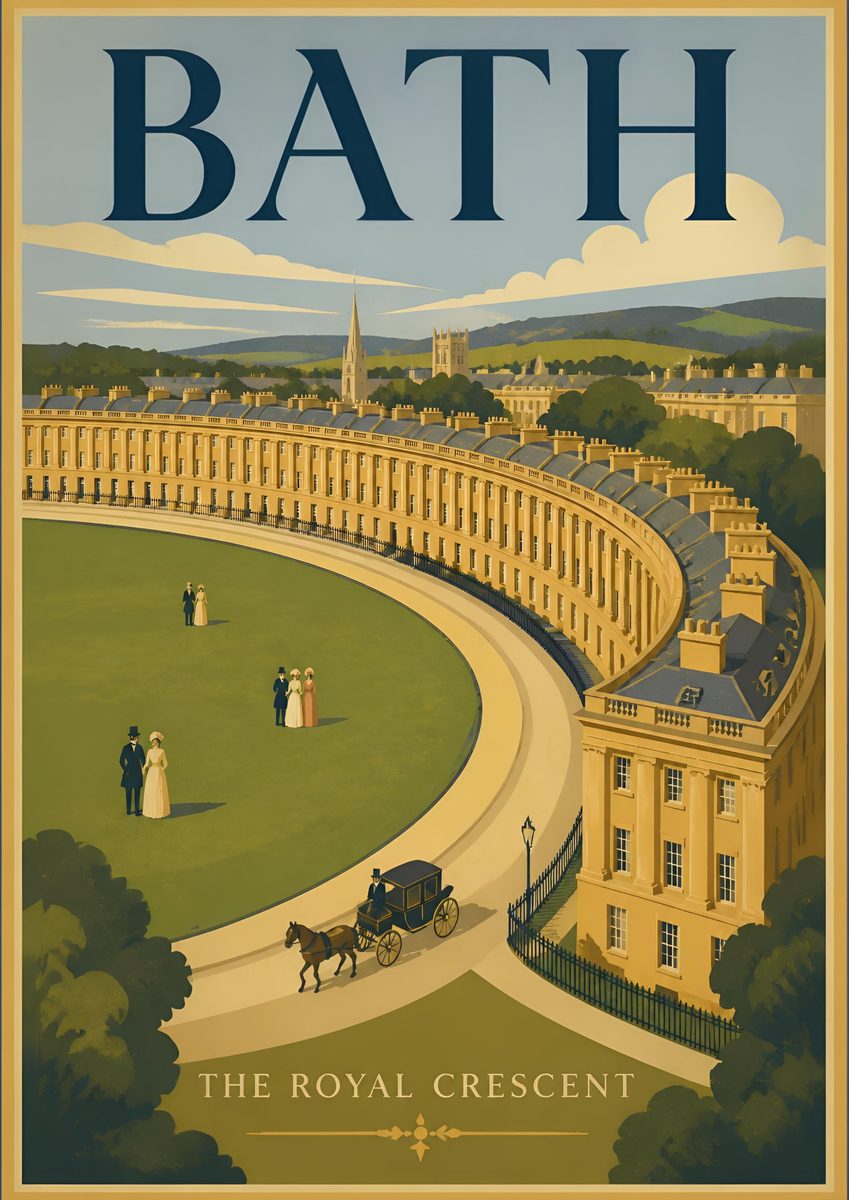 The Royal Crescent — Bath art print: thirty golden Georgian houses curving in one long sweep above a lawn with a carriage on it.