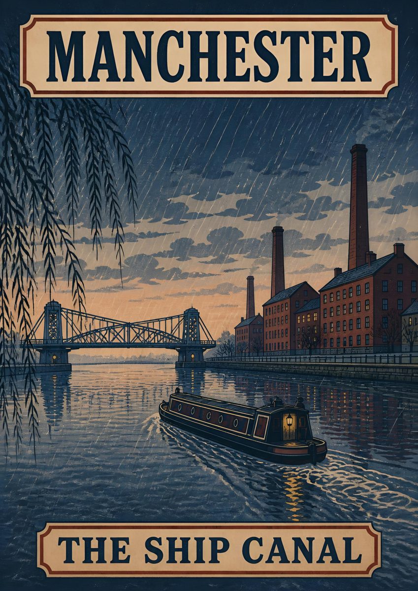 The Ship Canal — Manchester art print: rain falling over the water as a barge eases past the old mills.
