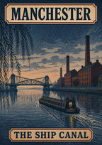 The Ship Canal — Manchester art print: rain falling over the water as a barge eases past the old mills.