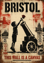 This Wall is a Canvas — Bristol art print: a stencilled harbourside mural of a boy reaching up with a rose.