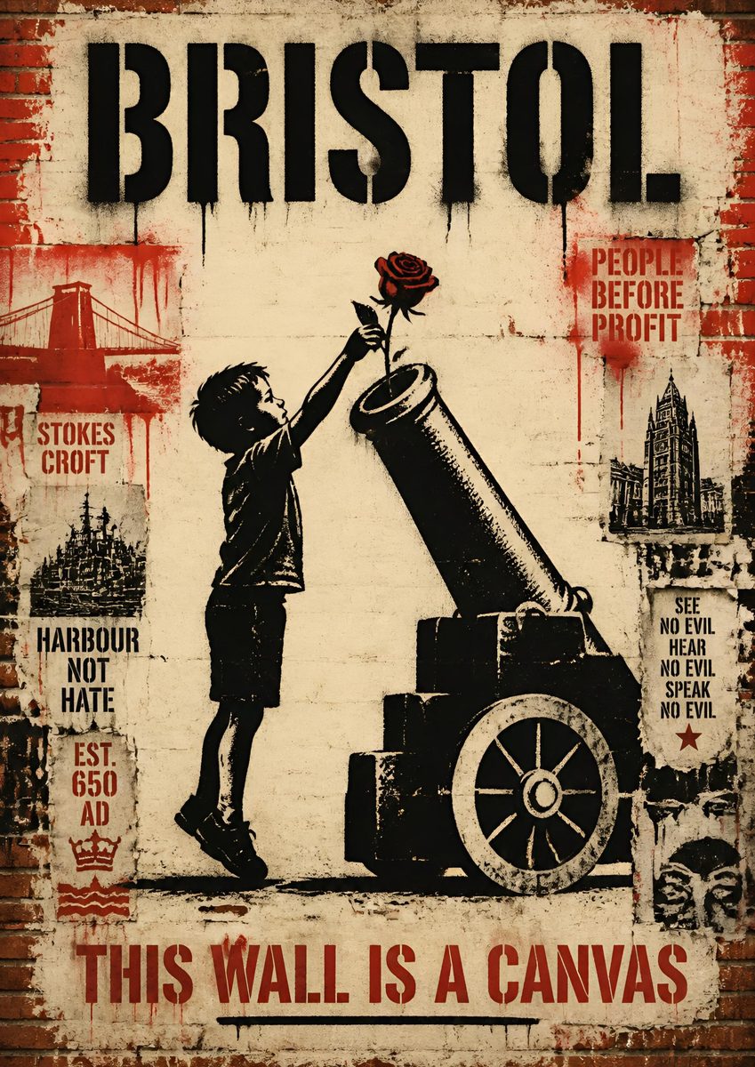This Wall is a Canvas — Bristol art print: a stencilled harbourside mural of a boy reaching up with a rose.