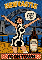 Toon Town — Newcastle art print: pop-art black and white stripes, a glass of brown ale and a broad grin.