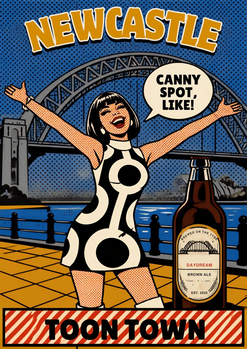 Toon Town — Newcastle art print: pop-art black and white stripes, a glass of brown ale and a broad grin.