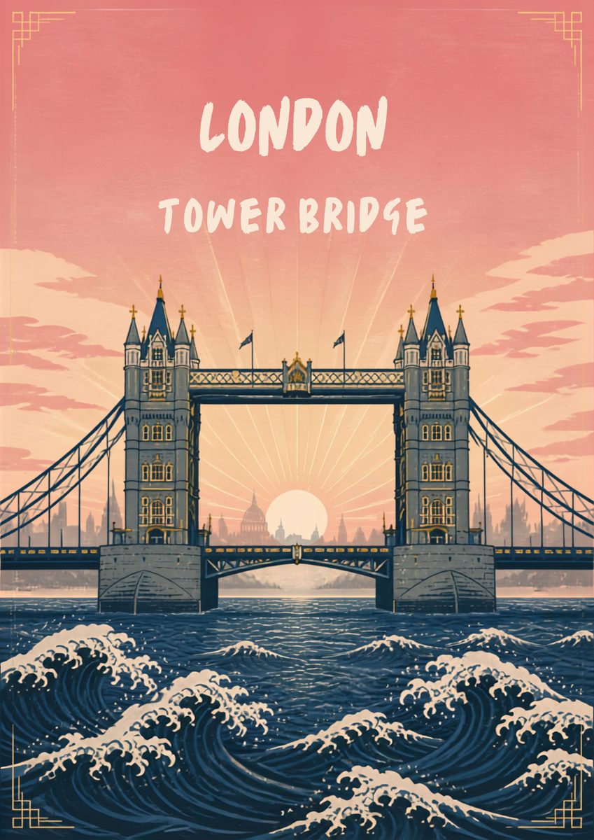 Tower Bridge — London art print: great blue waves rolling beneath the bridge with the sun coming up behind St Paul's, after Hokusai.