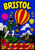 Up, Up and Away — Bristol art print: hot air balloons rising over the suspension bridge under comic-book blue skies.