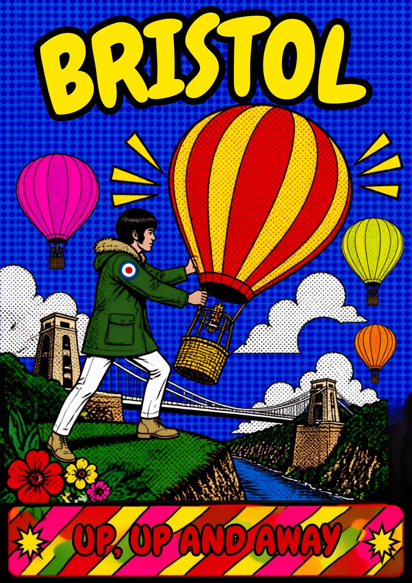Up, Up and Away — Bristol art print: hot air balloons rising over the suspension bridge under comic-book blue skies.