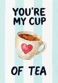 You're My Cup of Tea – Amalfi Aqua art print: a brimming teacup with a heart drawn in the tea, set against amalfi aqua stripes and brushed type.