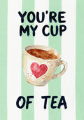 You're My Cup of Tea – Cabana Green art print: a teacup with a heart floating in it, on cabana green stripes, the phrase lettered by hand.