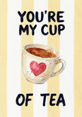 You're My Cup of Tea – Limoncello art print: a hand-painted cup of tea with a heart on top, over limoncello stripes with looping script.